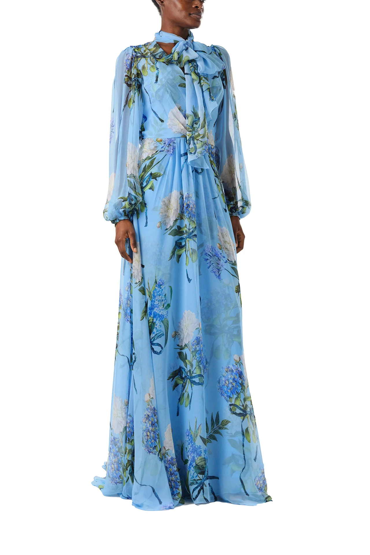Floral Printed Chiffon Long Sleeve Gown - Image 4