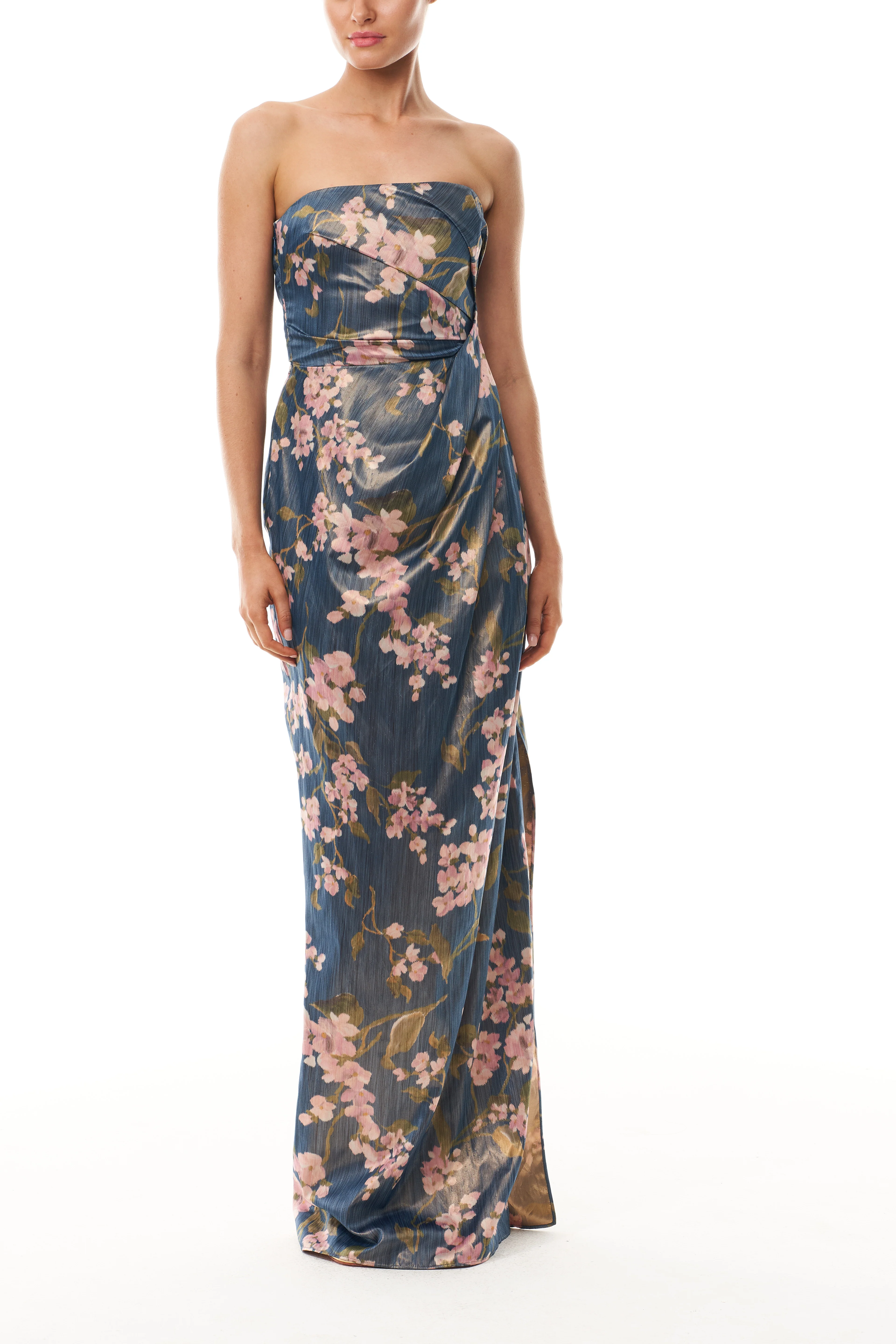 Draped Floral Strapless Column Gown