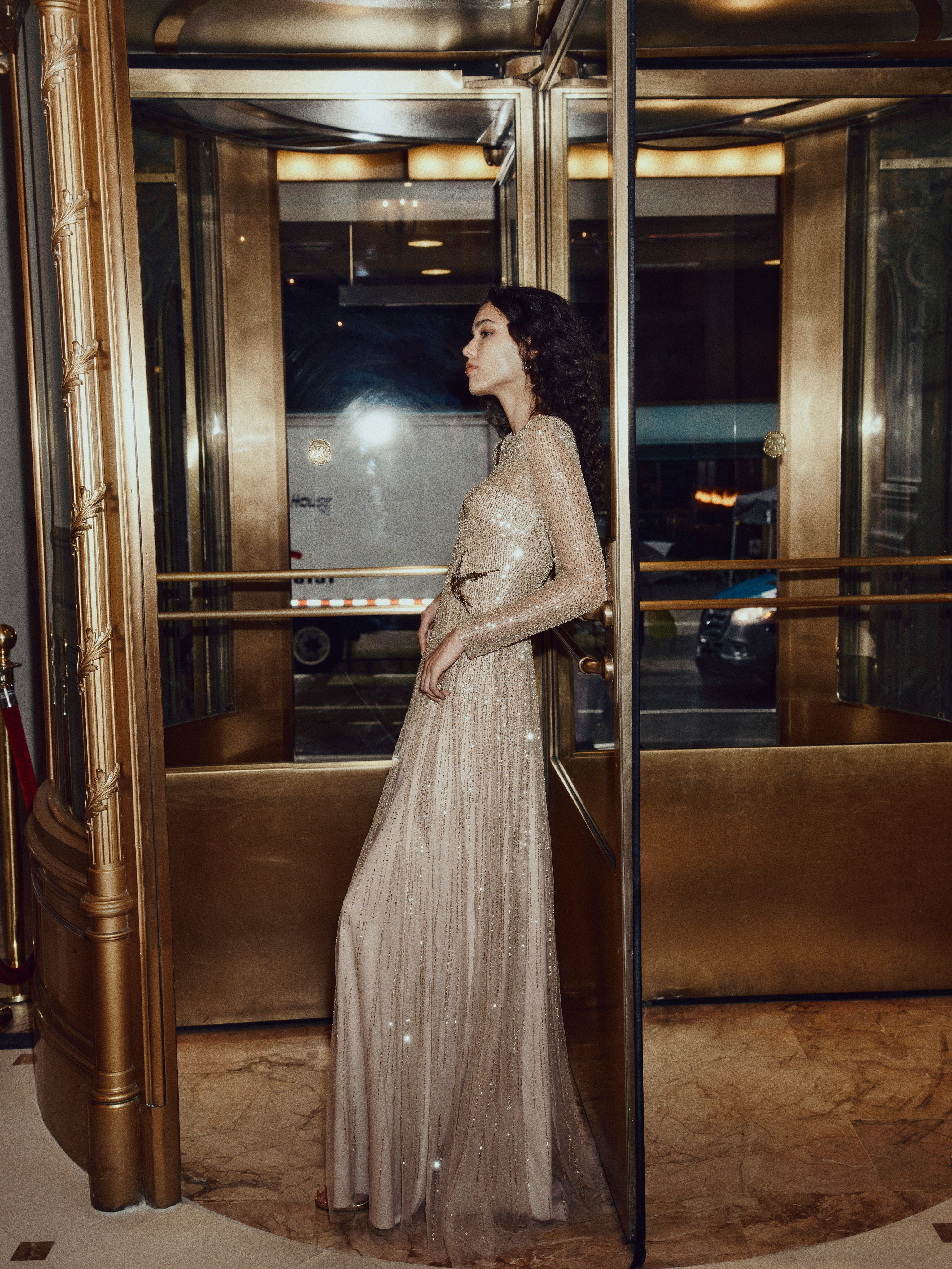 Gold Embroidered Long Sleeve Gown - Image 3