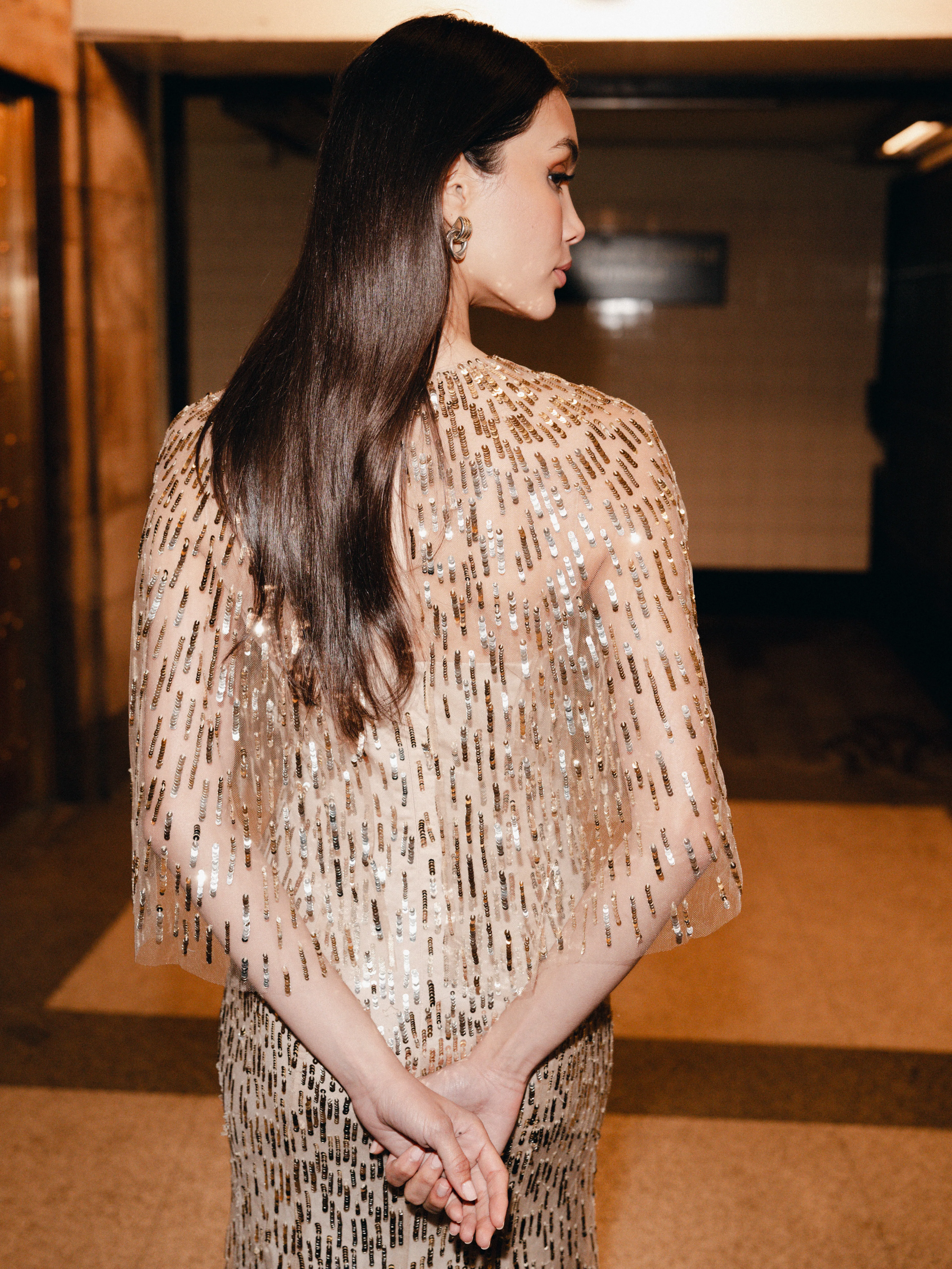 Gold Embroidered Gown With Capelet - Image 6