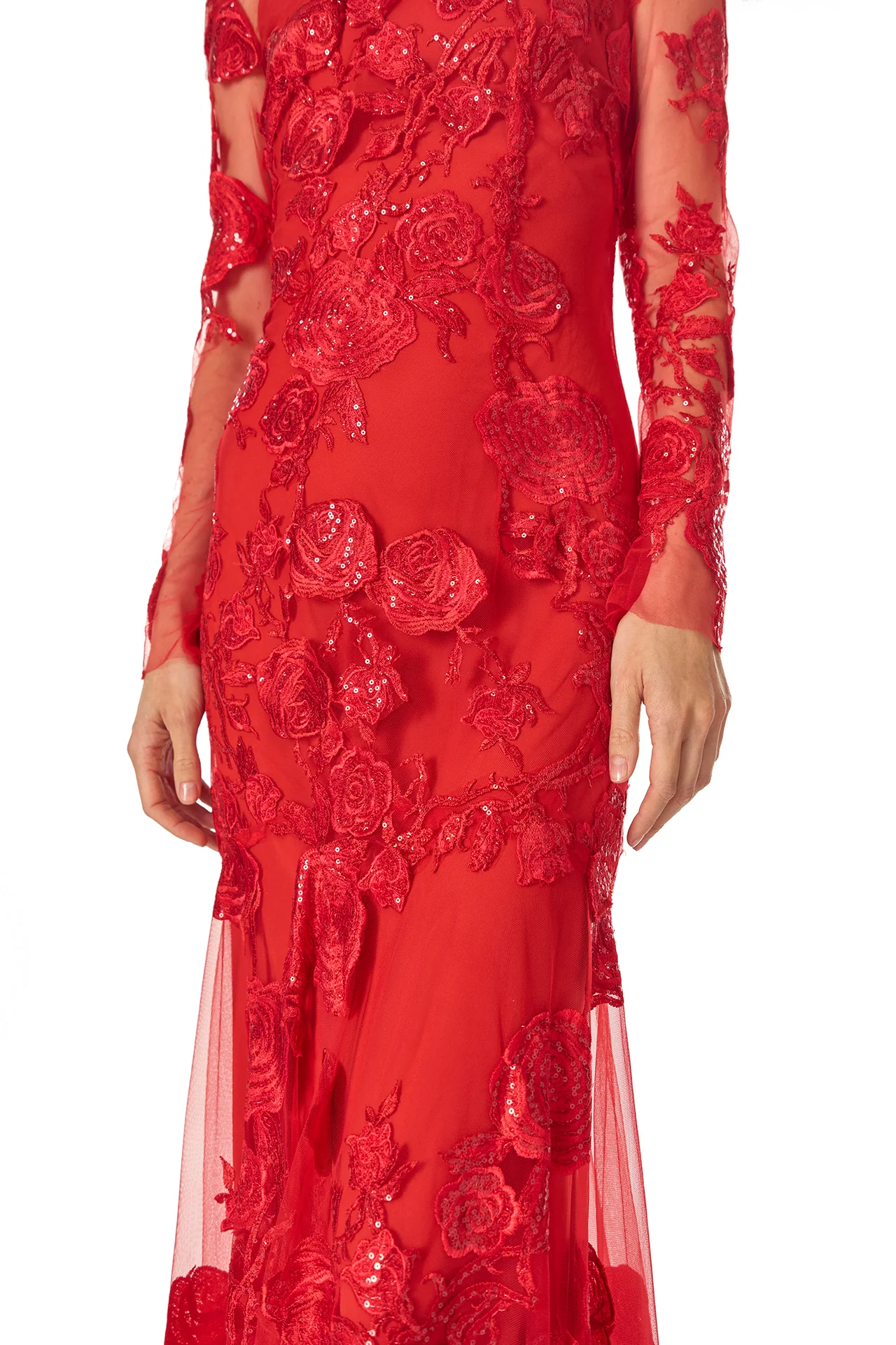 Long Sleeve Embroidered Tulle Gown - Image 5