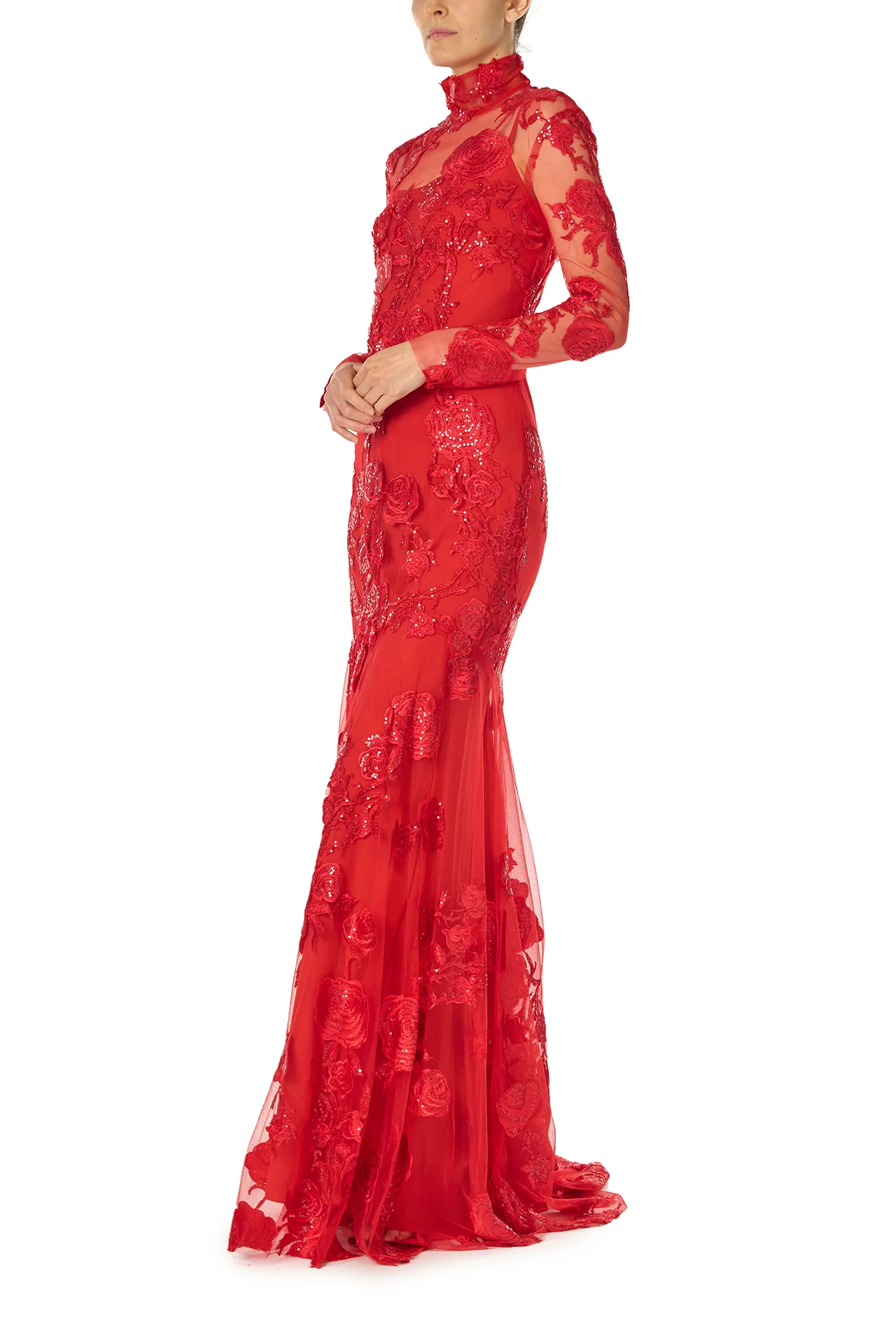 Long Sleeve Embroidered Tulle Gown - Image 6