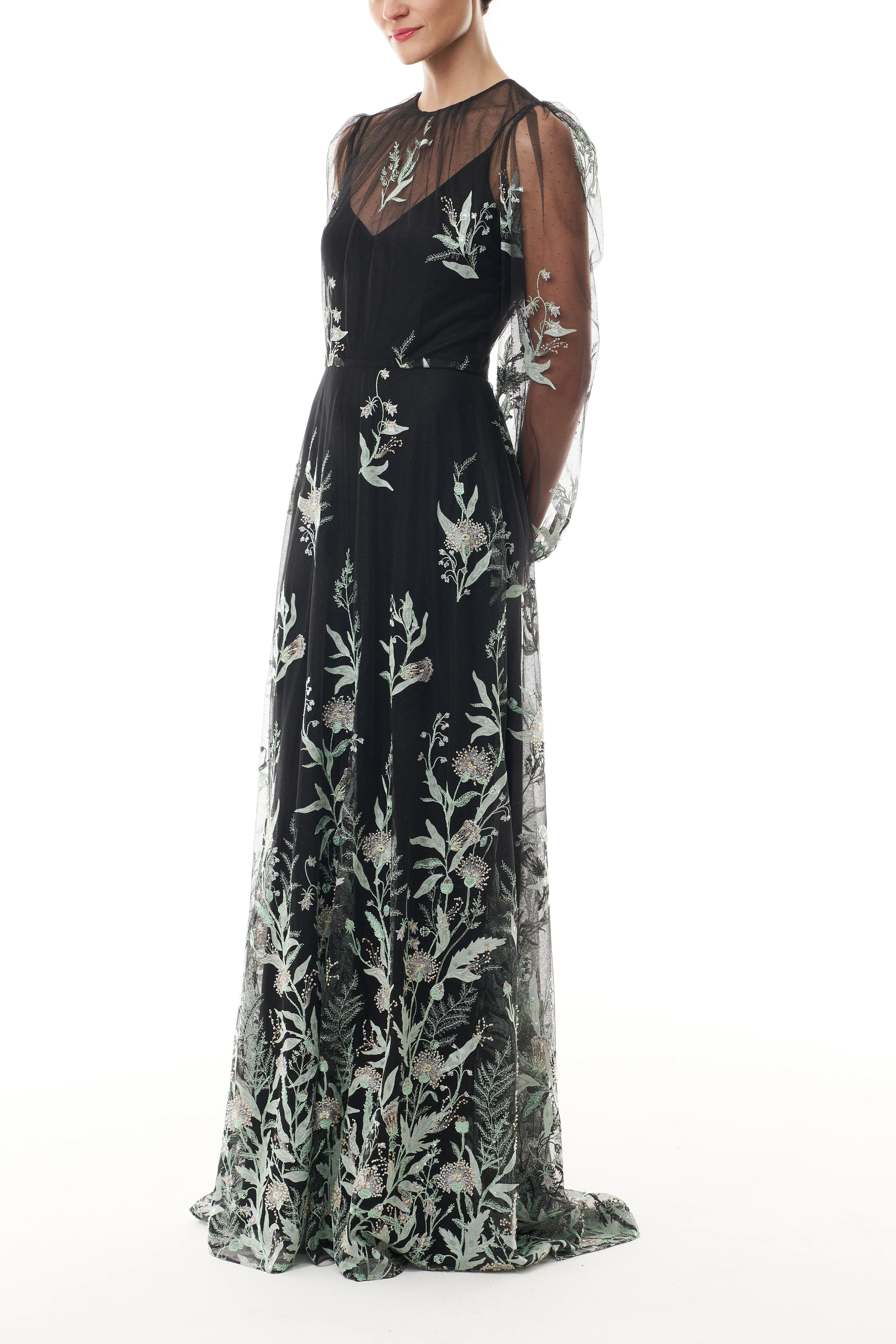 Long Sleeve Embroidered Tulle Gown - Image 3