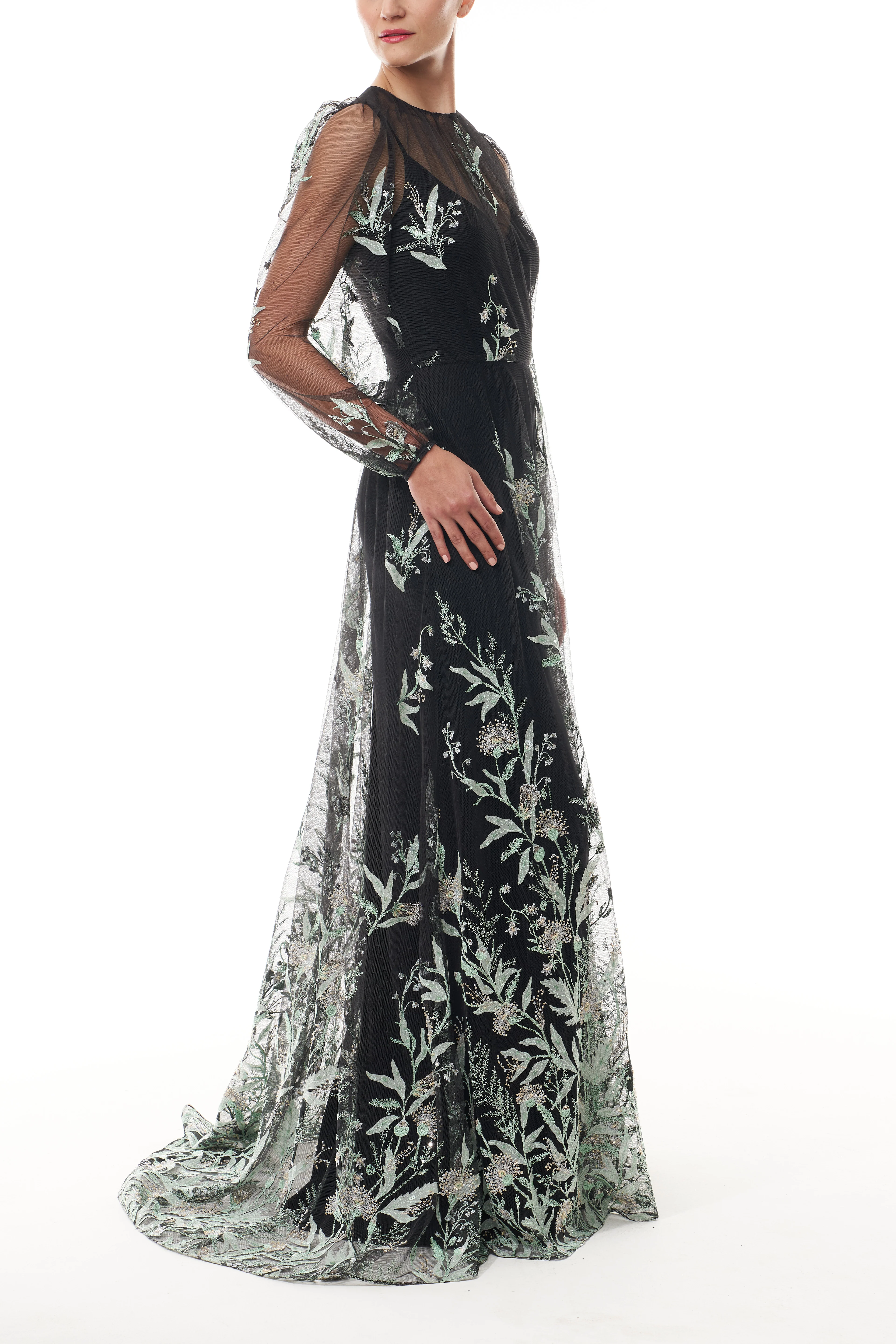 Long Sleeve Embroidered Tulle Gown - Image 4