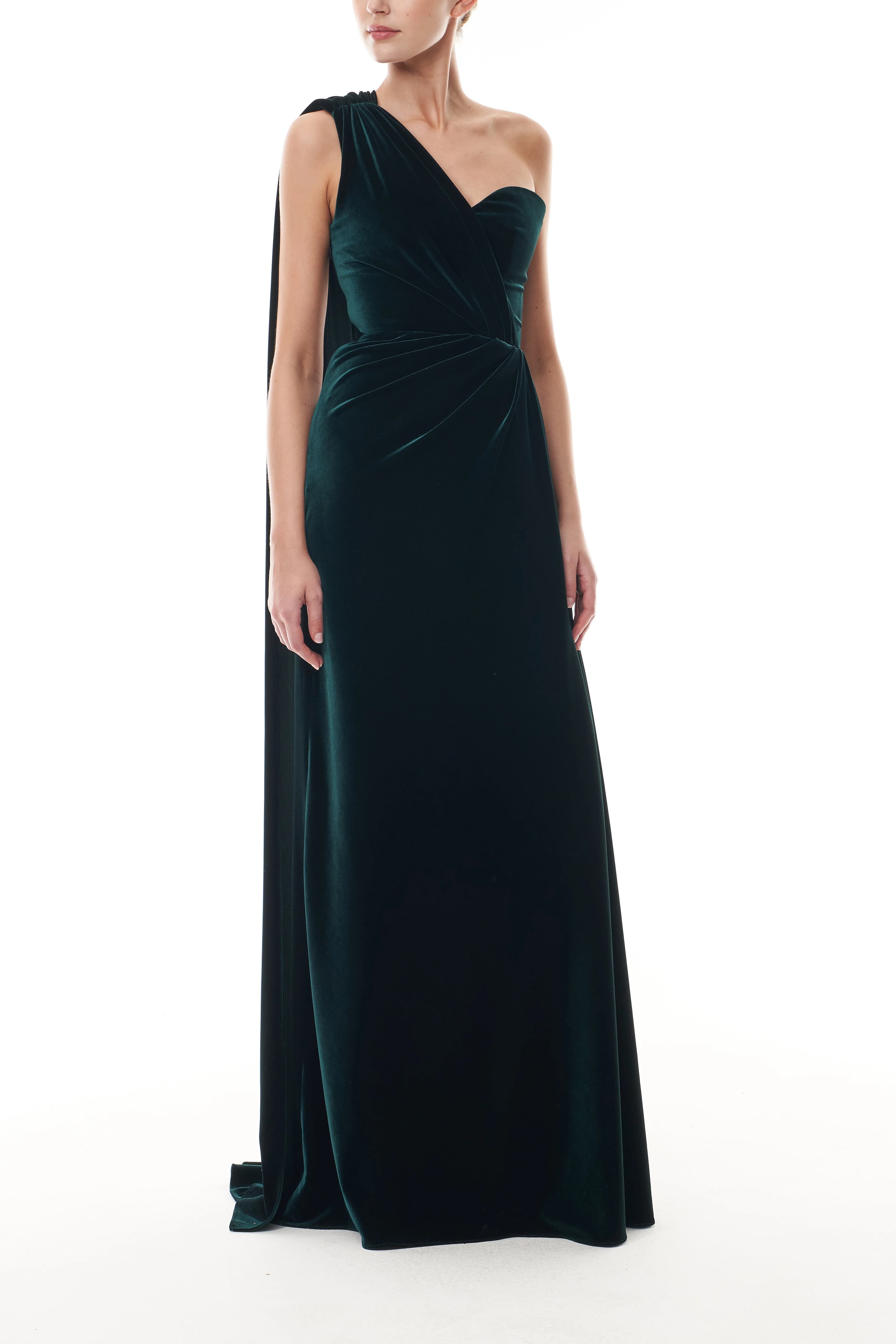 One Shoulder Deep Green Velvet Gown - Image 4